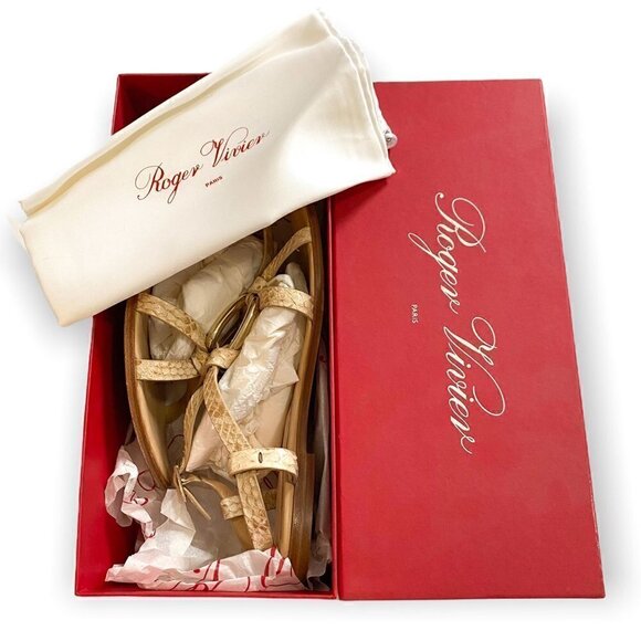 Roger Vivier Flat Sandals, Natural snake, Gold Ring, Sling Back, Size 37.5EU - Picture 3 of 13
